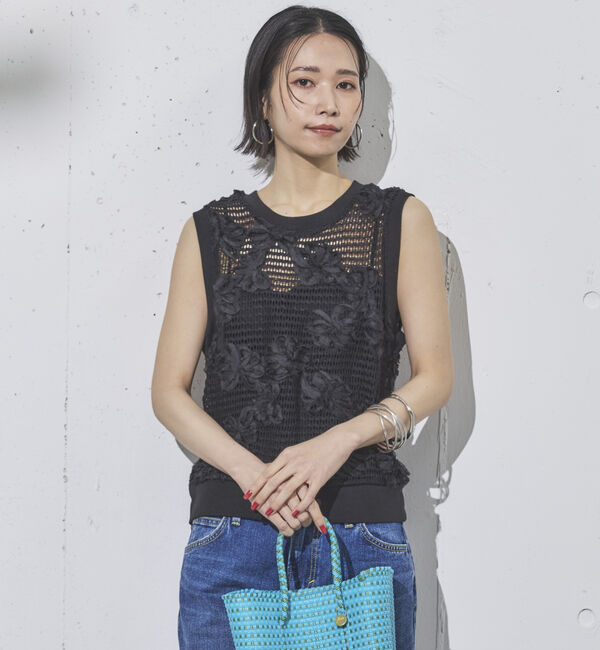 Doux archives「テープヤーンメッシュノースリニット」|ニット・セーター|BLACK