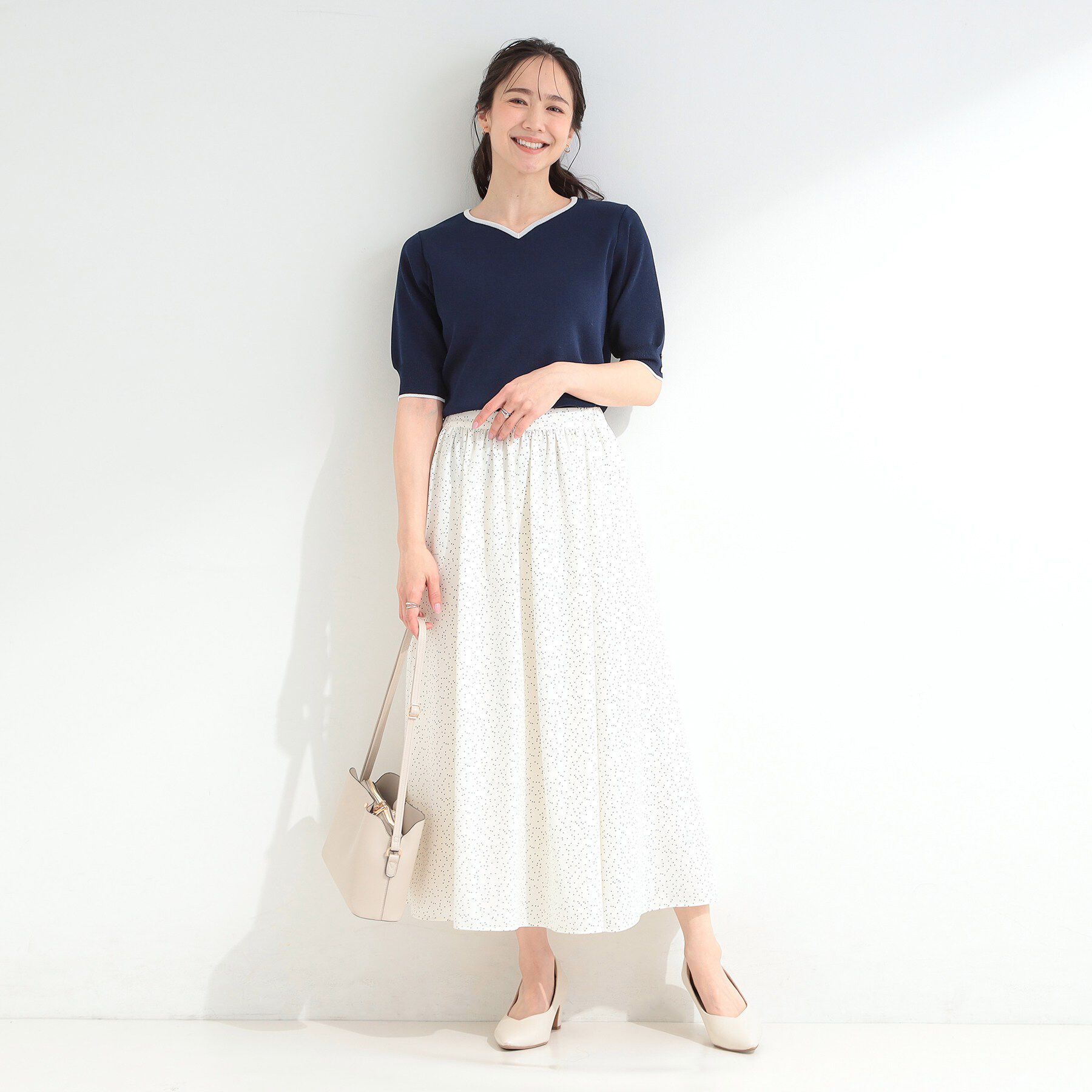 SHOO･LA･RUE「【洗濯機可/UV/5分袖】ハートネックでお顔周りすっきり バイカラーニット」|ニット・セーター|