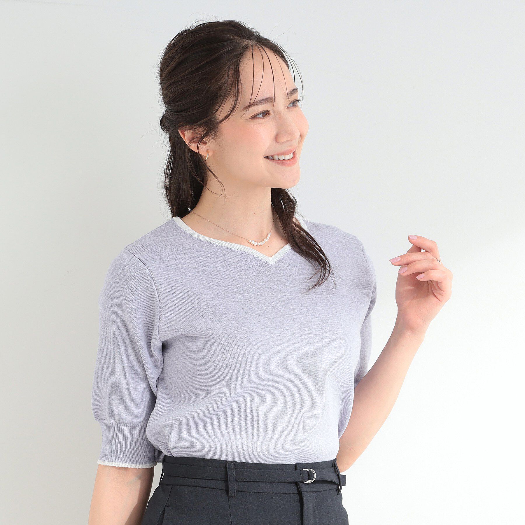 SHOO･LA･RUE「【洗濯機可/UV/5分袖】ハートネックでお顔周りすっきり バイカラーニット」|ニット・セーター|