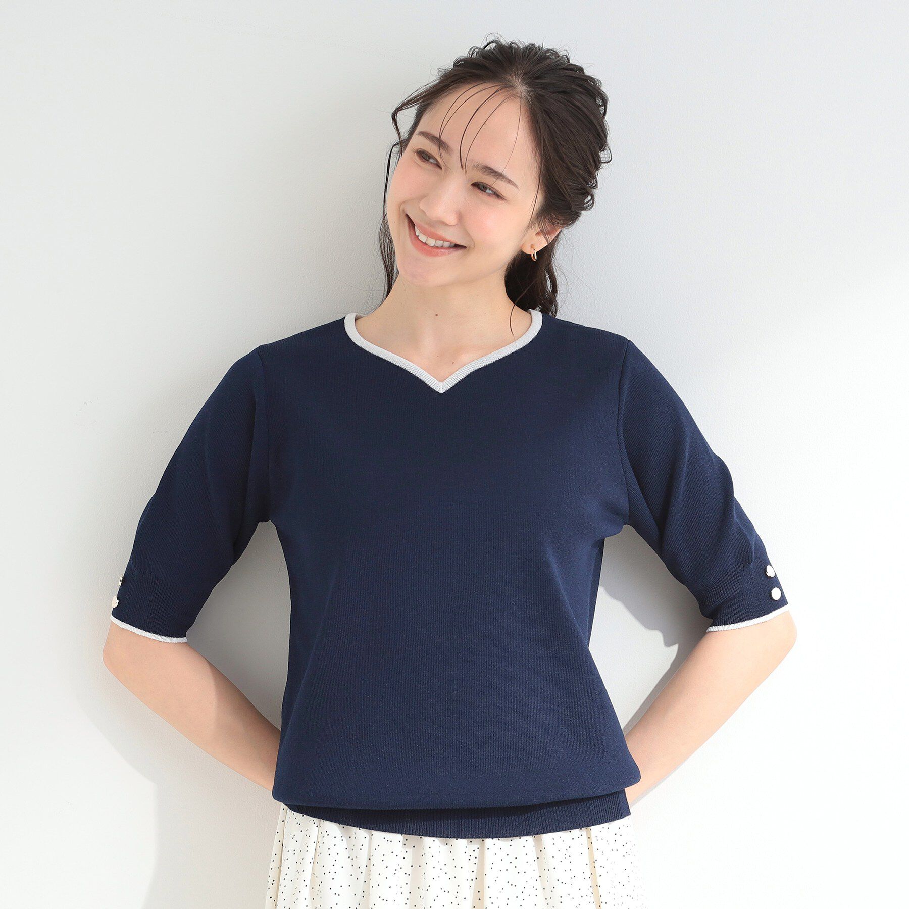 SHOO･LA･RUE「【洗濯機可/UV/5分袖】ハートネックでお顔周りすっきり バイカラーニット」|ニット・セーター|