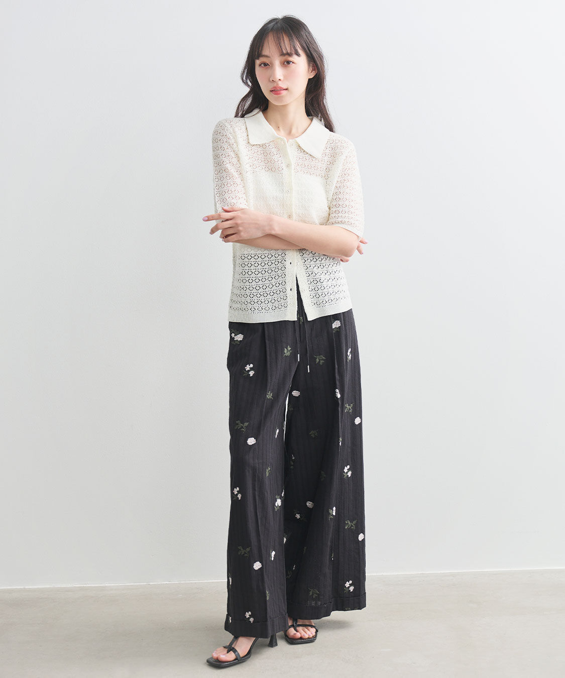 COCO DEAL「フラワー刺繍ストライプパンツ」|スラックス|