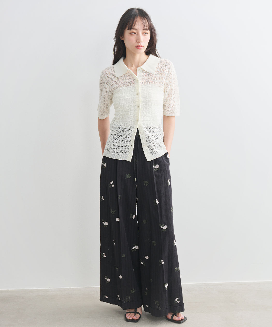 COCO DEAL「フラワー刺繍ストライプパンツ」|スラックス|