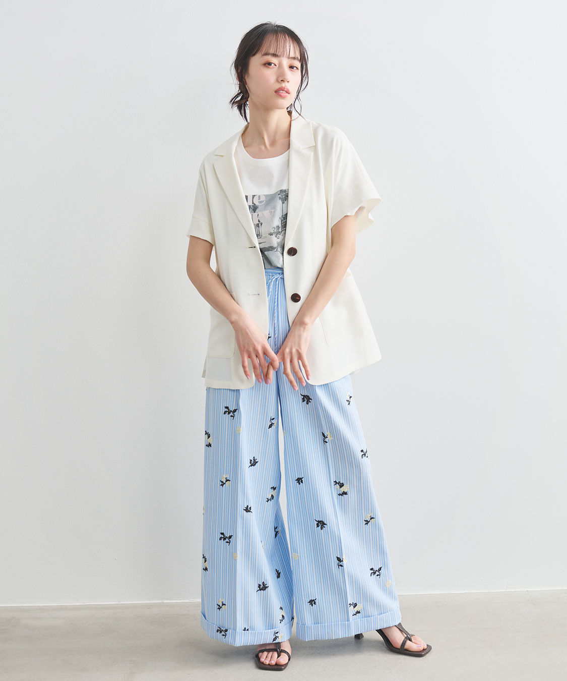 COCO DEAL「フラワー刺繍ストライプパンツ」|スラックス|