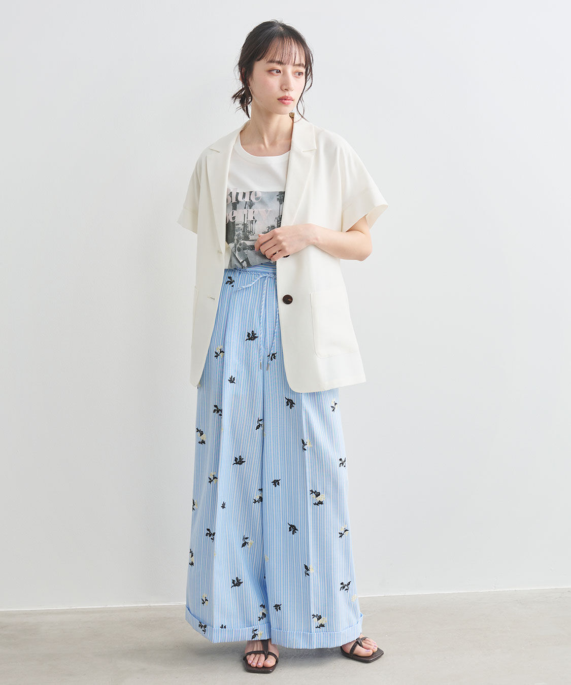 COCO DEAL「フラワー刺繍ストライプパンツ」|スラックス|