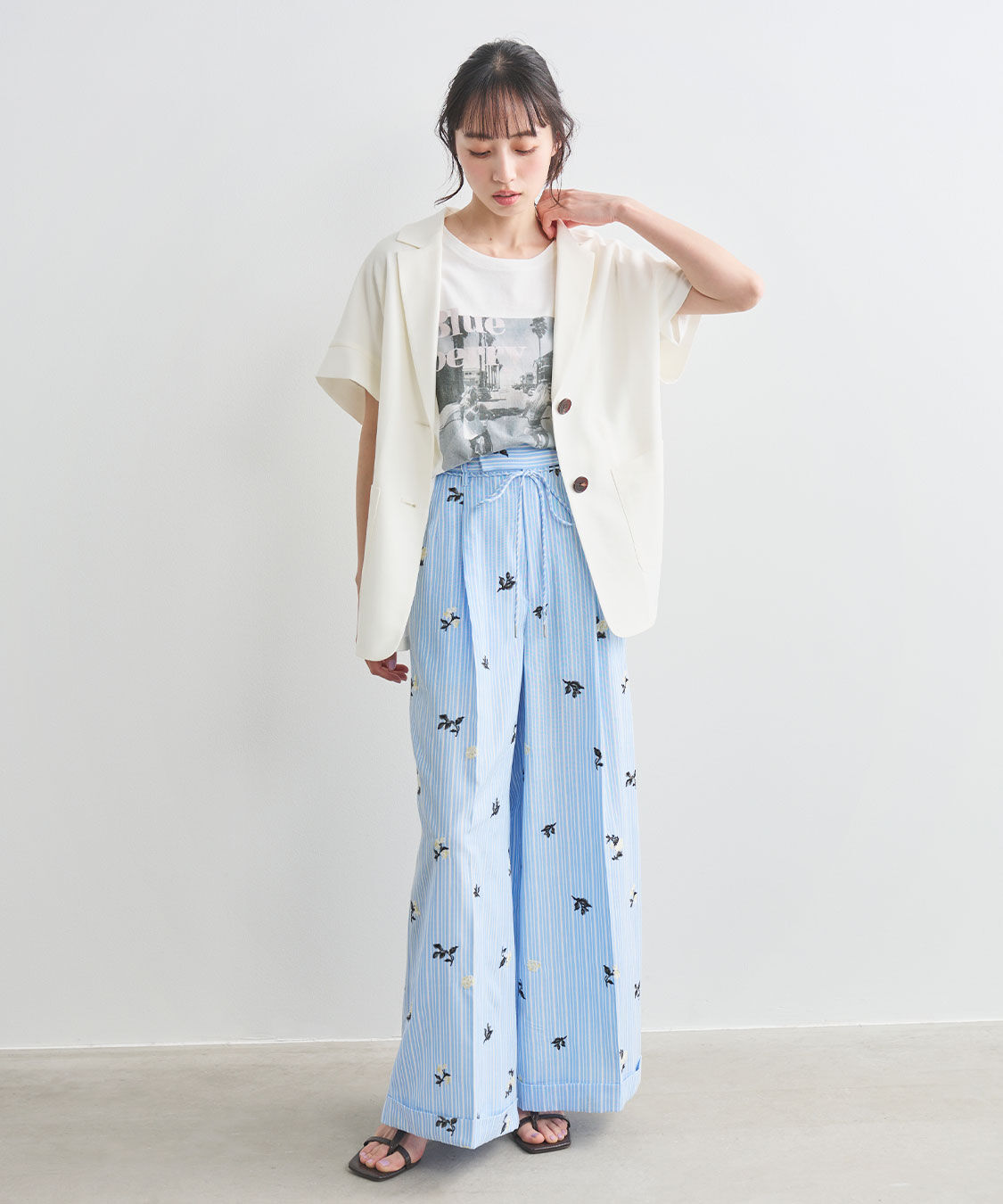 COCO DEAL「フラワー刺繍ストライプパンツ」|スラックス|