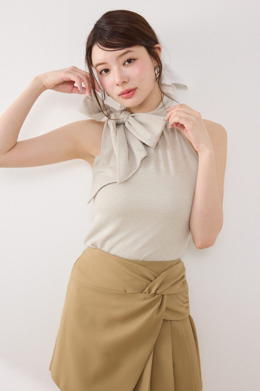 rienda「ラメフライスリボンネックトップス」|Tシャツ・カットソー|BEG