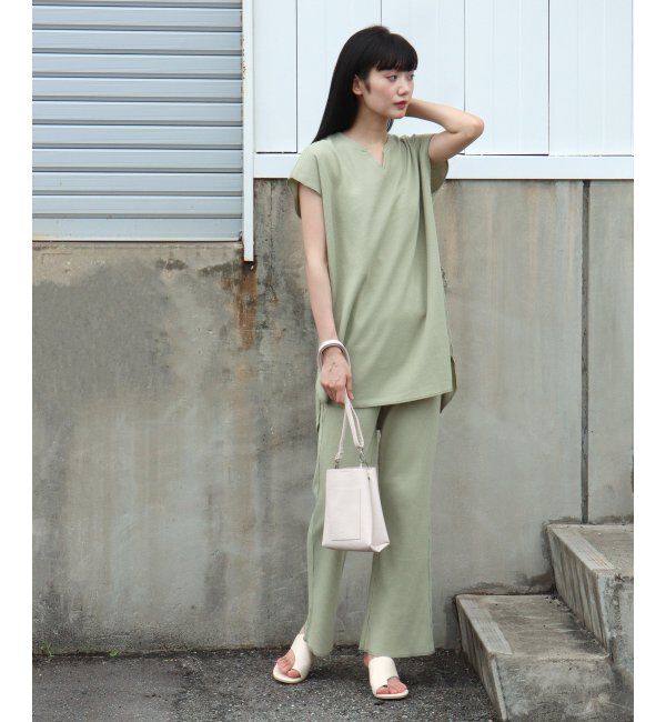 VENCE share style「ワッフルキーネックセットアップ＋ポーチ3点セット」|Tシャツ・カットソー|