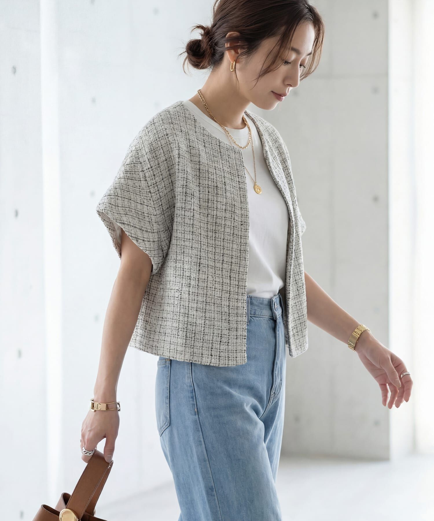 STYLE DELI「サラッと軽いサマーツイード半袖ジャケット」|ノーカラージャケット|ホワイトミックス