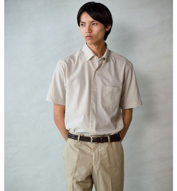 UNITED ARROWS green label relaxing「ポリエステル ラッカン ストライプ スタンダード スナップ ボタンダウン 半袖 シャツ -ストレッチ・イージ」|シャツ・ブラウス|BEIGE