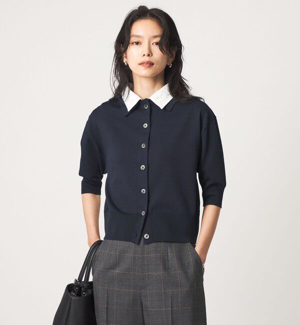 UNITED ARROWS green label relaxing「2WAY レース ポロ襟 5分袖 ニット カーディガン」|カーディガン|NAVY
