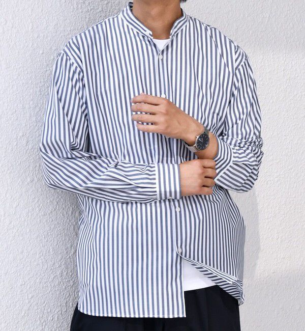 SHIPS any「SHIPS any: LIM BLESS ソリッド / ストライプ バンドカラー シャツ 26AW◆」|シャツ・ブラウス|コバルトブルー