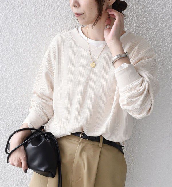 SHIPS Colors 「《追加・新色予約》SHIPS Colors:〈手洗い可能〉変形ワッフル Vネック プルオーバー◆」|Tシャツ・カットソー|オフホワイト