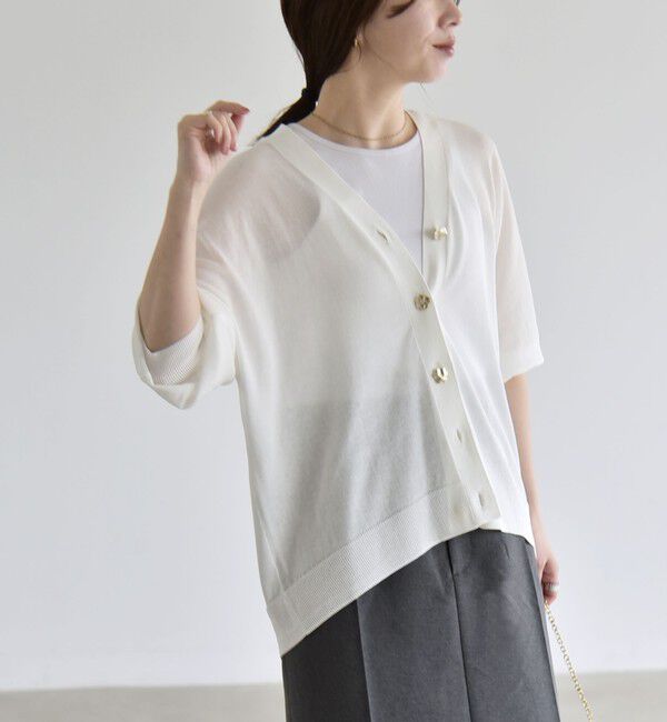 quaranciel「quaranciel:〈接触冷感/手洗い可能〉メタルボタン Vネック シアー ニット カーディガン」|カーディガン|