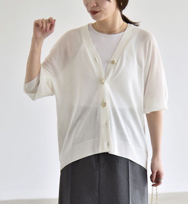 quaranciel「quaranciel:〈接触冷感/手洗い可能〉メタルボタン Vネック シアー ニット カーディガン」|カーディガン|