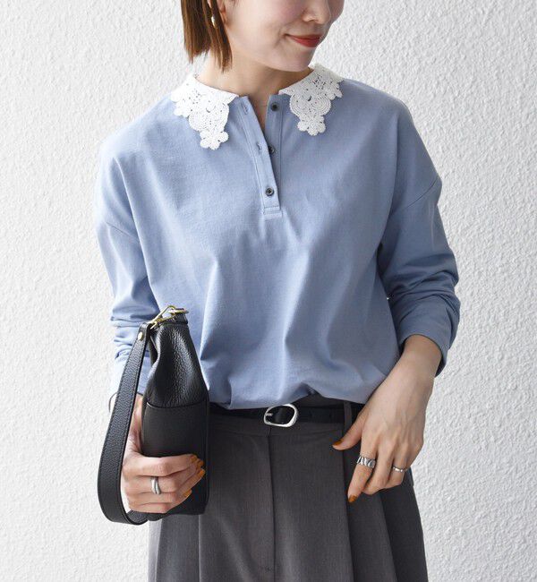 SHIPS any「《予約》SHIPS any:〈洗濯機可能〉レース カラー ロングスリーブ ポロ プルオーバー」|Tシャツ・カットソー|