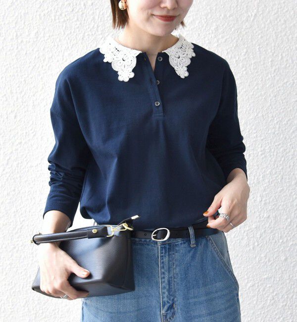 SHIPS any「《予約》SHIPS any:〈洗濯機可能〉レース カラー ロングスリーブ ポロ プルオーバー」|Tシャツ・カットソー|