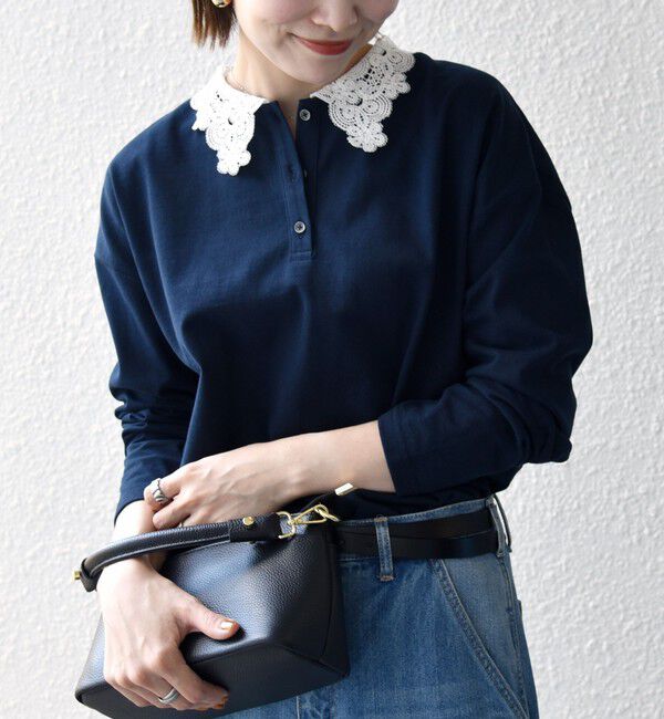 SHIPS any「《予約》SHIPS any:〈洗濯機可能〉レース カラー ロングスリーブ ポロ プルオーバー」|Tシャツ・カットソー|
