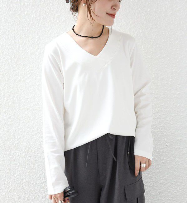 SHIPS for women「《予約》【WEB限定】〈ネックが選べる〉オーガニックコットン バリエーション ネック ロングスリーブ TEE」|Tシャツ・カットソー|ホワイト系
