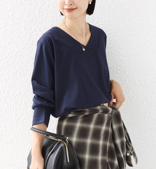 SHIPS for women「《予約》【WEB限定】〈ネックが選べる〉オーガニックコットン バリエーション ネック ロングスリーブ TEE」|Tシャツ・カットソー|ネイビー系