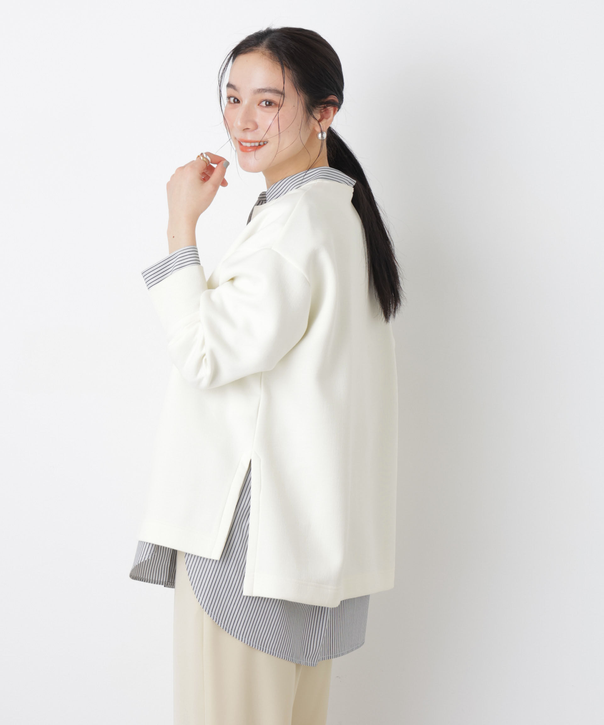 nano･universe「ダンボールカットキーネックスリットトップス」|Tシャツ・カットソー|