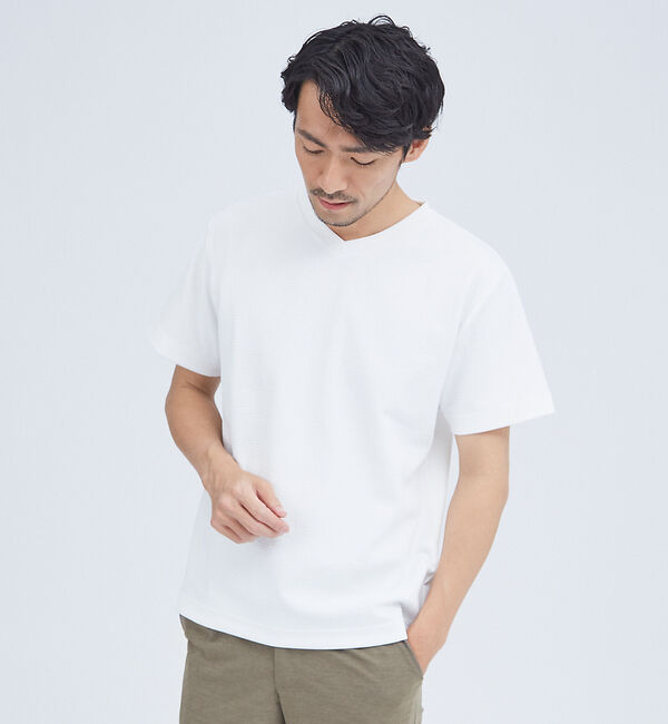 ABAHOUSE「【チェック柄】ジャガード Vネック 半袖 Tシャツ」|Tシャツ・カットソー|ホワイト