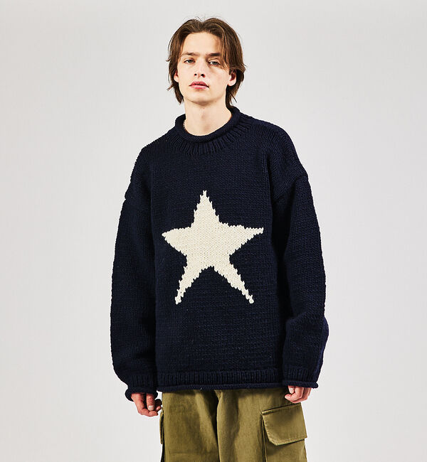 ABAHOUSE「【THRIFTY LOOK/スリフティールック】STAR HAND KNIT R」|ニット・セーター|ダークネイビー