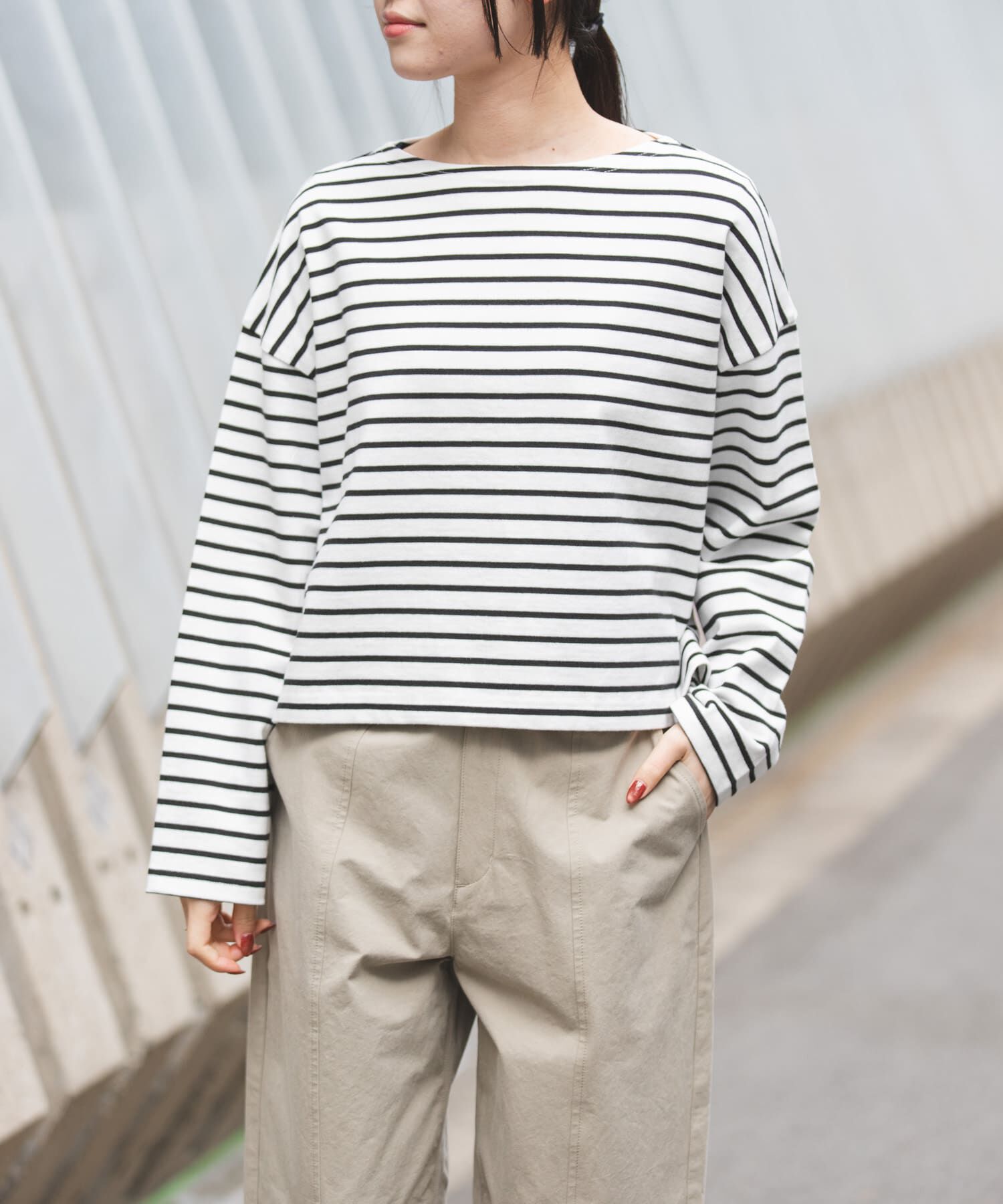 URBAN RESEARCH DOORS「FORK&SPOON　クロップドボートネックボーダー」|Tシャツ・カットソー|