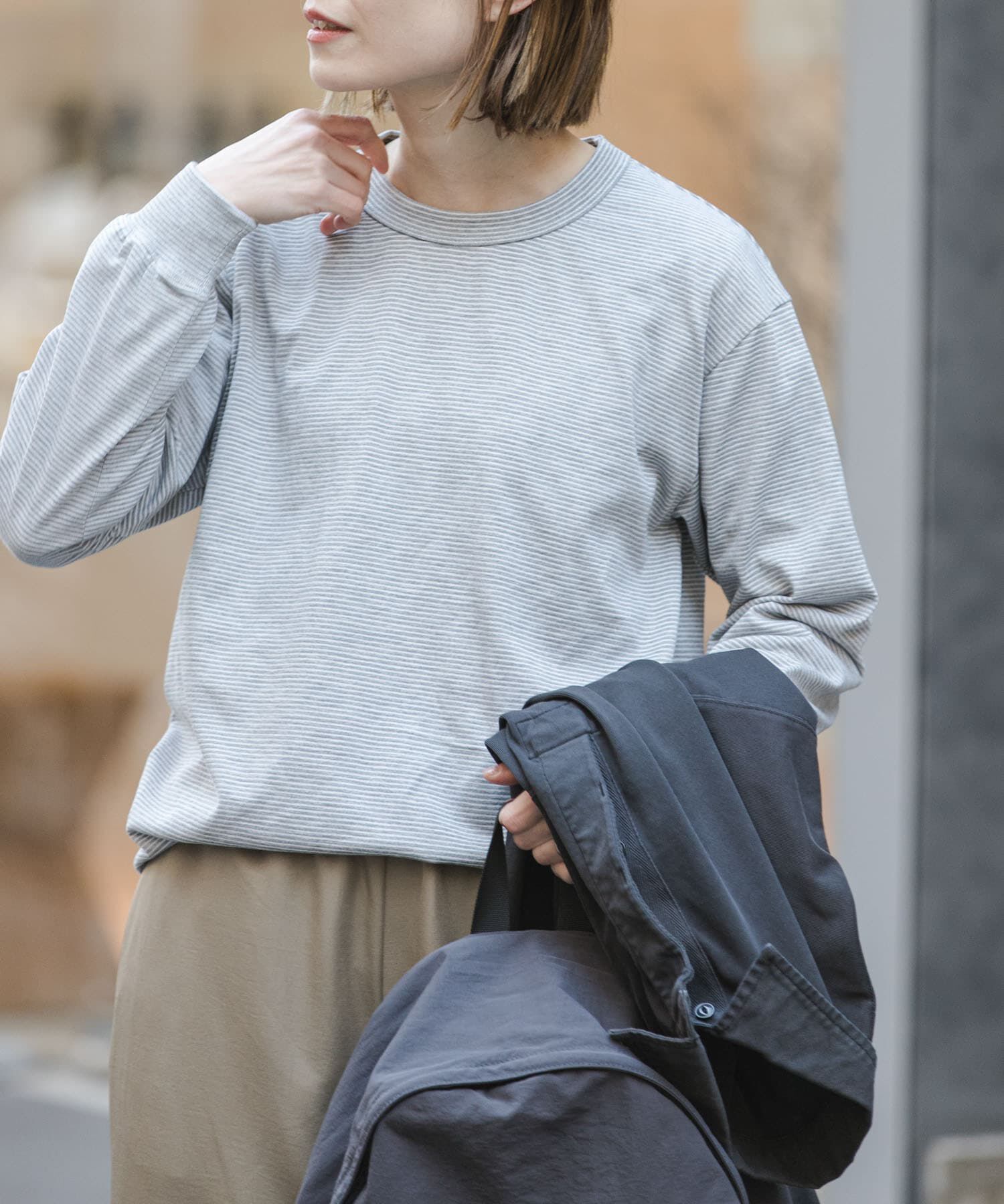 URBAN RESEARCH DOORS「FORK&SPOON　CAVEボーダーロングスリーブTシャツ」|Tシャツ・カットソー|グレー系その他