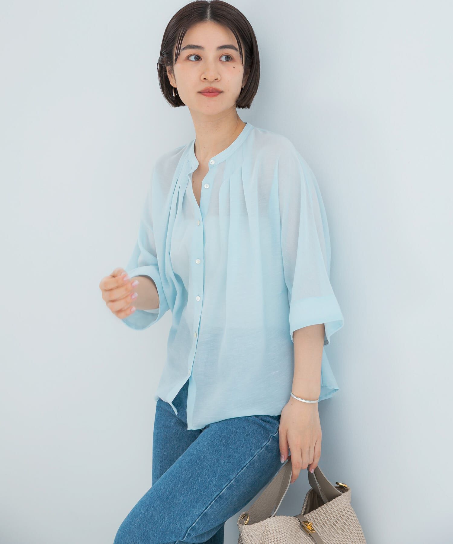 URBAN RESEARCH ROSSO「『WEB/一部店舗限定』リネン混ドルマンタックブラウス」|シャツ・ブラウス|ブルー系その他