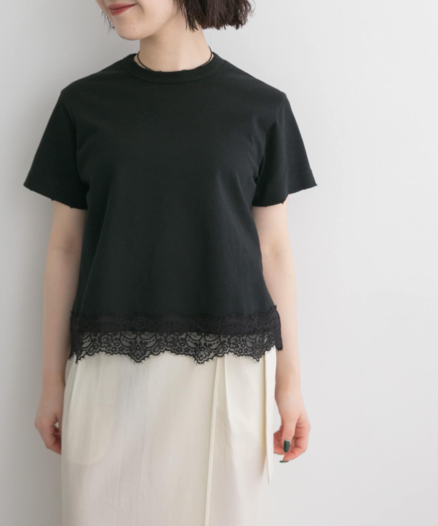 URBAN RESEARCH DOORS「FORK&SPOON　ヘムレースダメージTシャツ」|Tシャツ・カットソー|ブラック