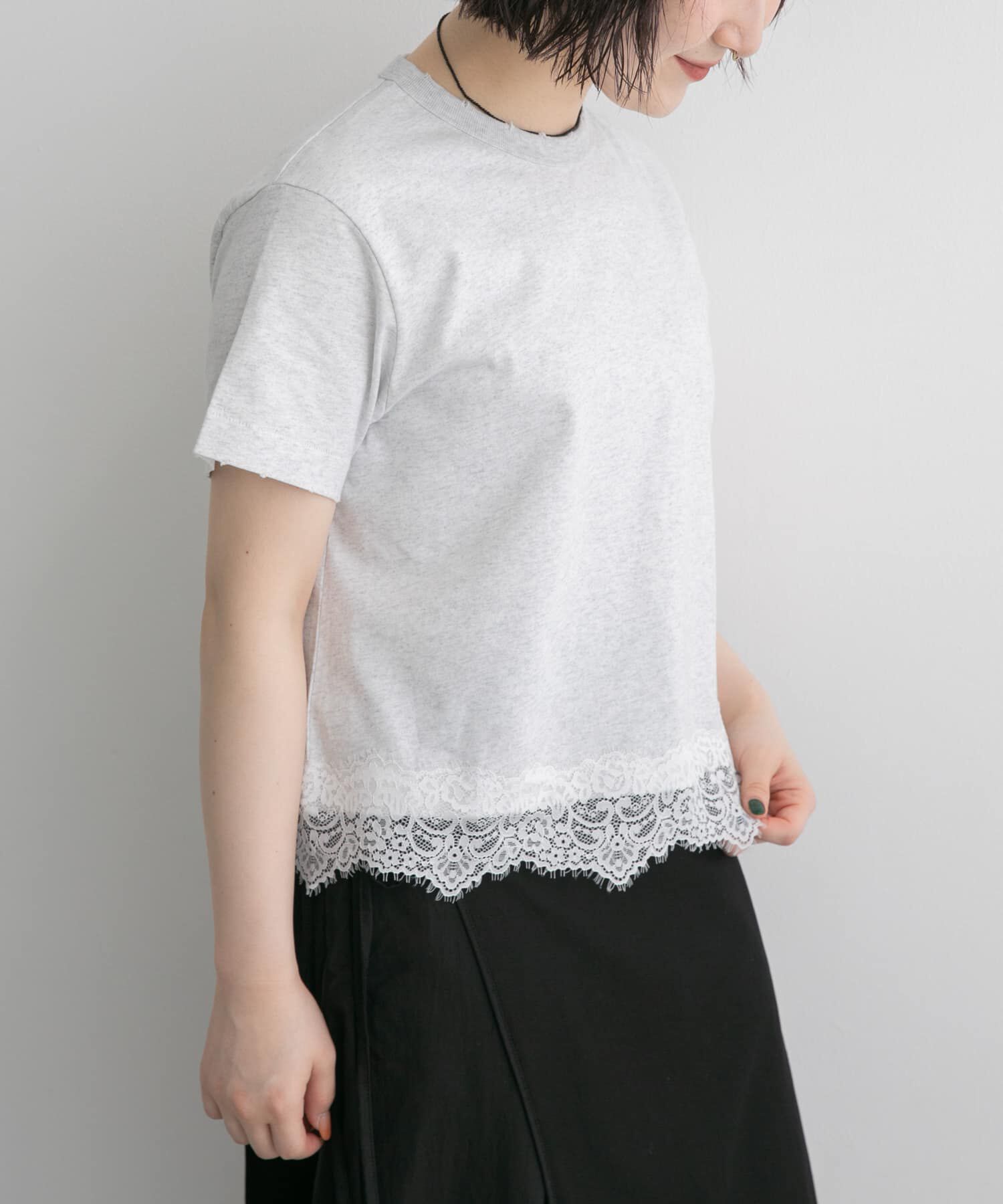 URBAN RESEARCH DOORS「FORK&SPOON　ヘムレースダメージTシャツ」|Tシャツ・カットソー|グレー