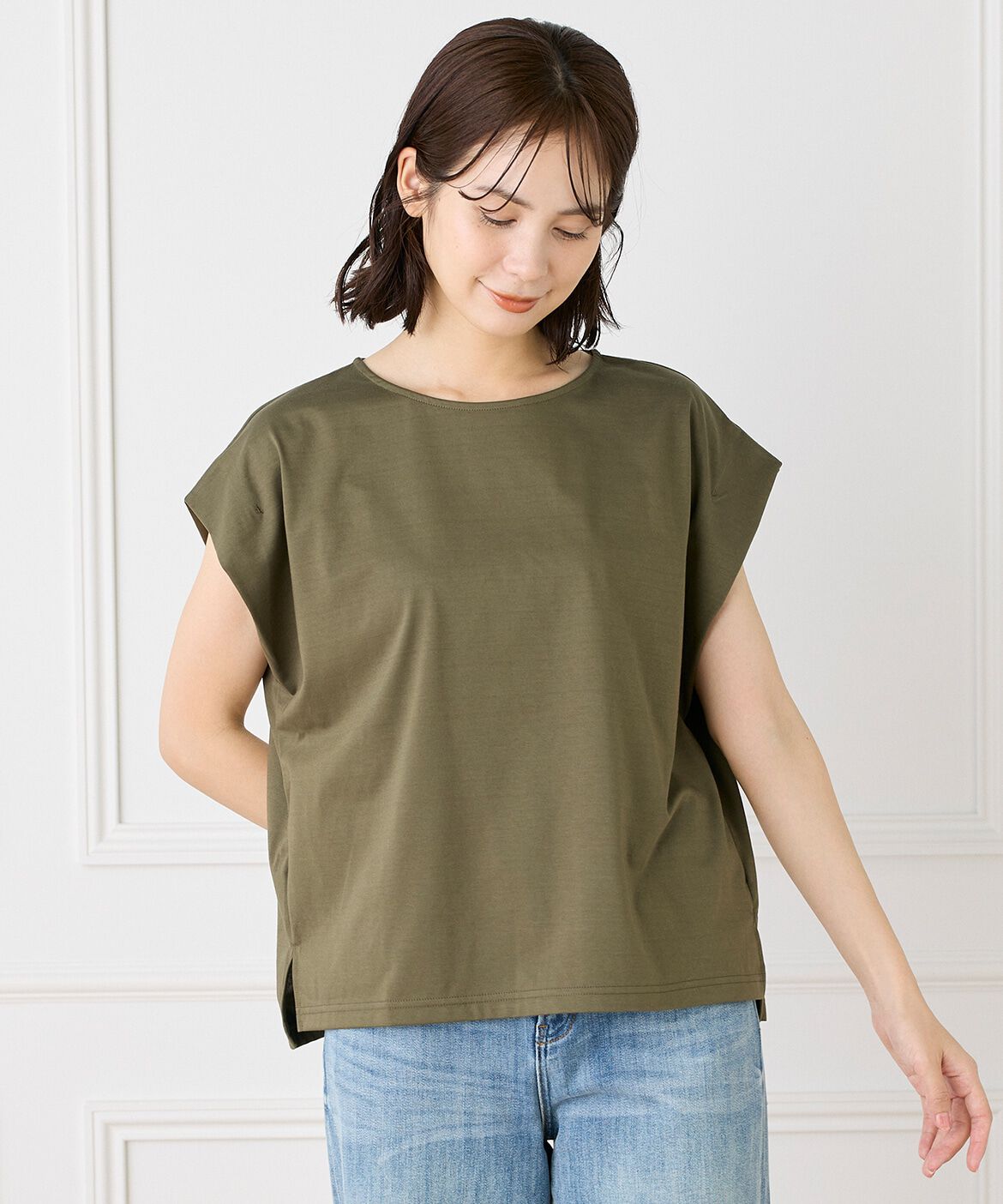 INED「《大きいサイズ》ショートスリーブコクーントップス」|Tシャツ・カットソー|カーキ3