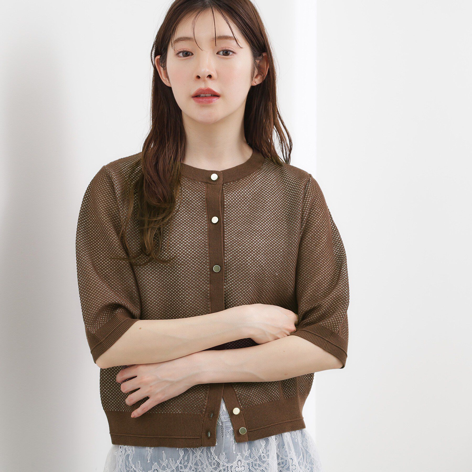 grove「【貴島明日香さん着用・洗える】透けない、大人のメッシュカーディガン」|カーディガン|