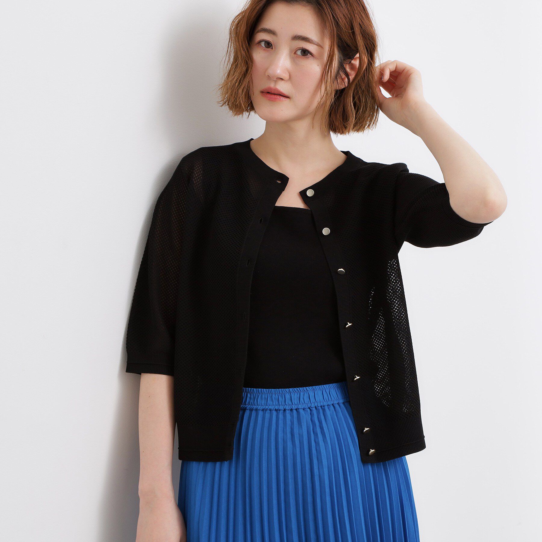 grove「【貴島明日香さん着用・洗える】透けない、大人のメッシュカーディガン」|カーディガン|ブラック(019)