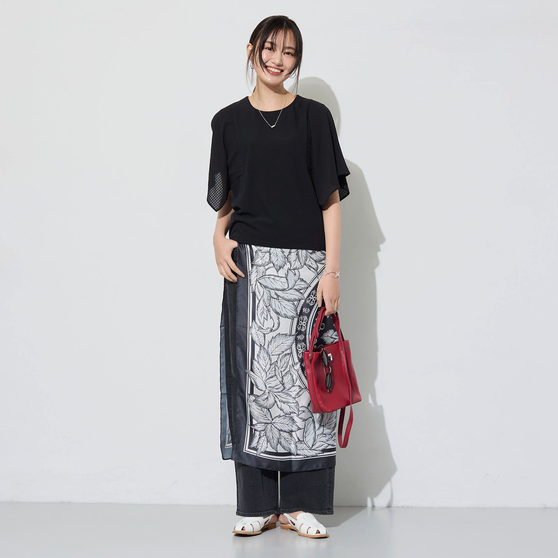 INDIVI「【洗える／シアーチェック柄】異素材コンビスリーブトップス」|Tシャツ・カットソー|