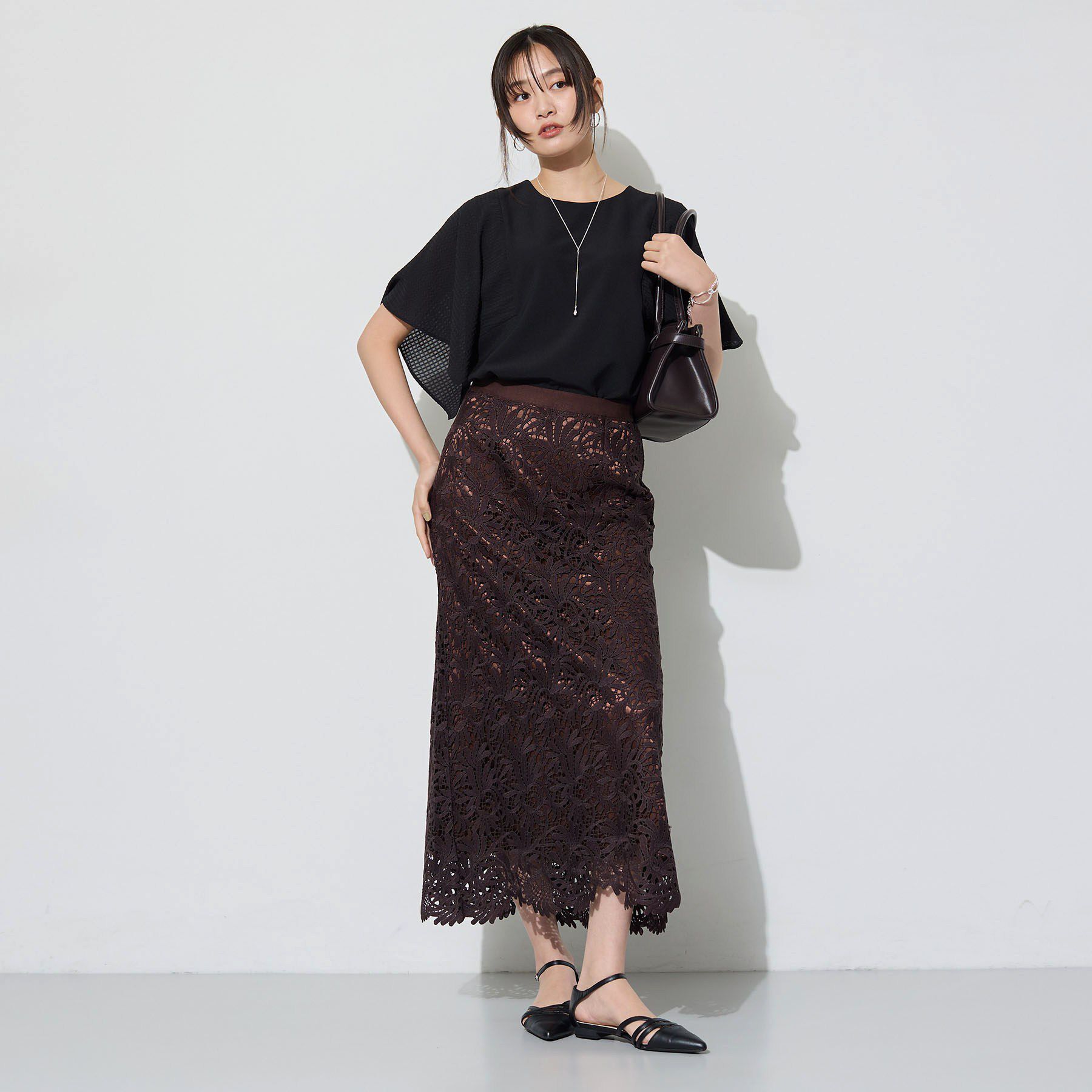 INDIVI「【洗える／シアーチェック柄】異素材コンビスリーブトップス」|Tシャツ・カットソー|