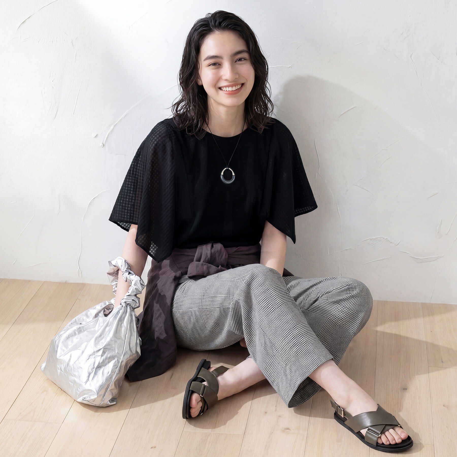 INDIVI「【洗える／シアーチェック柄】異素材コンビスリーブトップス」|Tシャツ・カットソー|