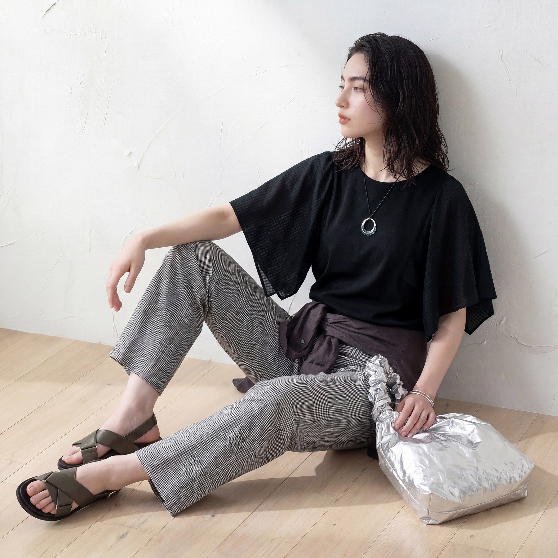 INDIVI「【洗える／シアーチェック柄】異素材コンビスリーブトップス」|Tシャツ・カットソー|