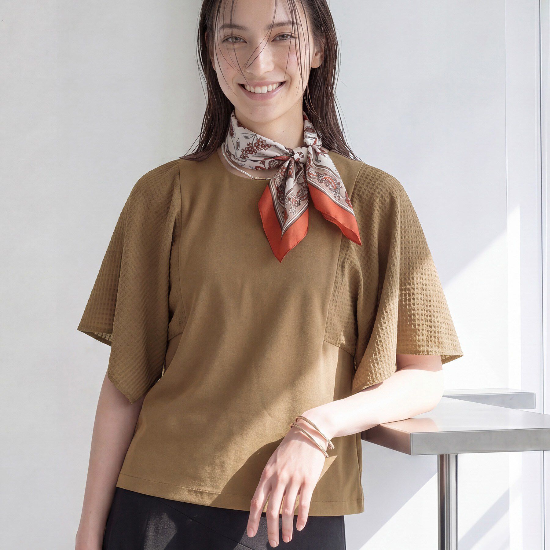 INDIVI「【洗える／シアーチェック柄】異素材コンビスリーブトップス」|Tシャツ・カットソー|