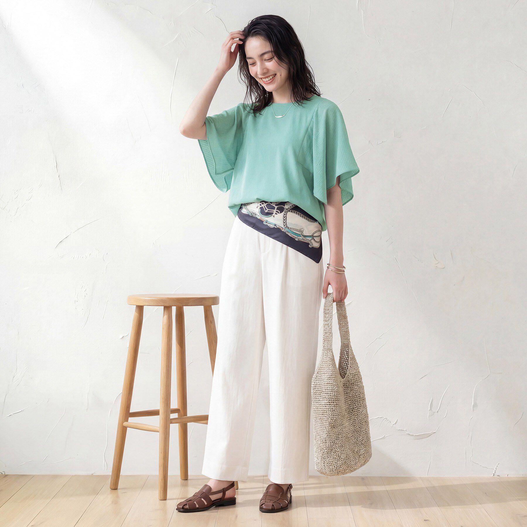 INDIVI「【洗える／シアーチェック柄】異素材コンビスリーブトップス」|Tシャツ・カットソー|