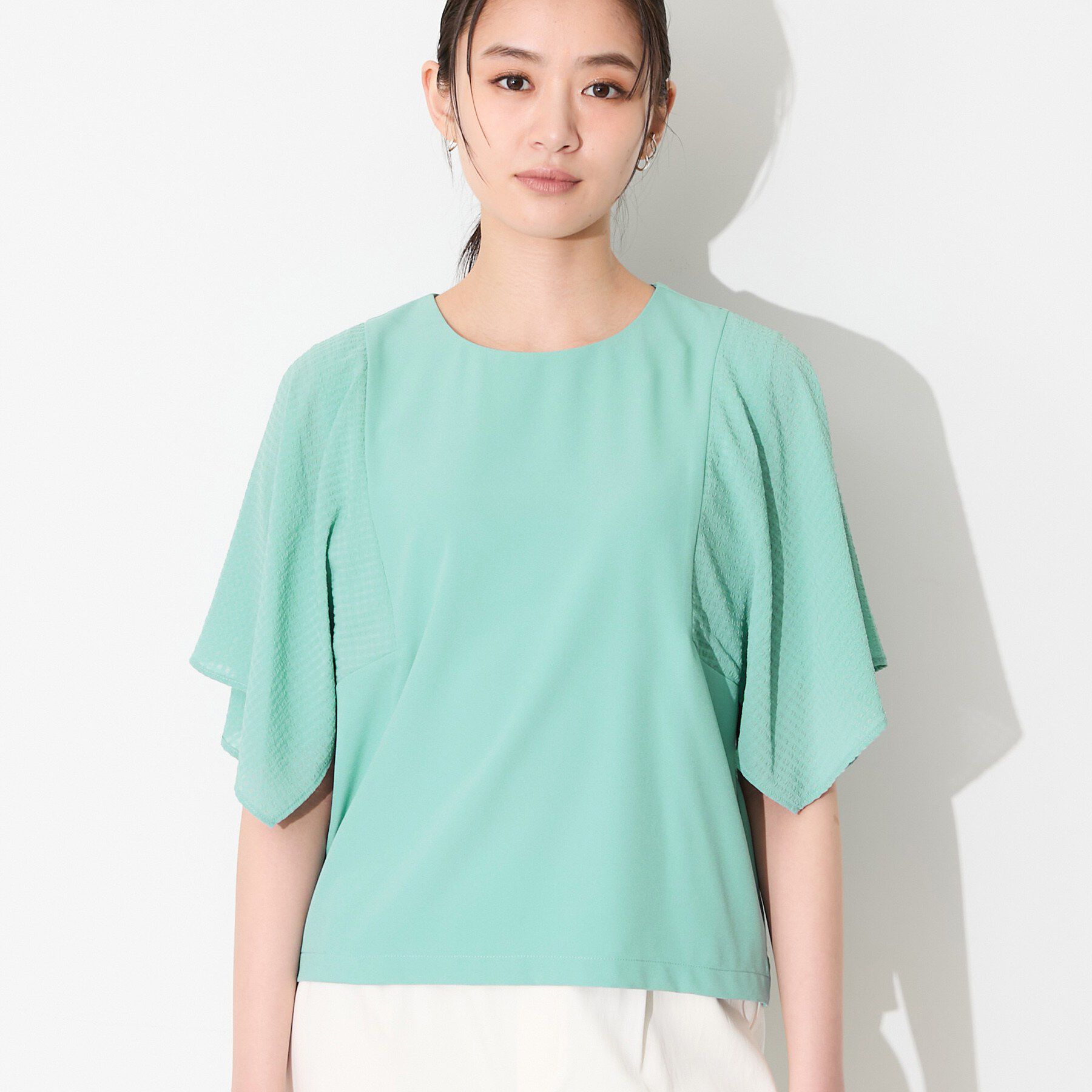 INDIVI「【洗える／シアーチェック柄】異素材コンビスリーブトップス」|Tシャツ・カットソー|