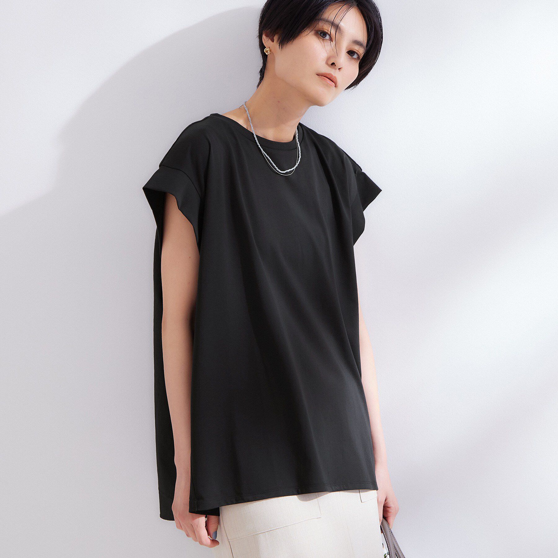 OPAQUE.CLIP「【接触冷感】バックフレアドッキングカットソー《洗濯機OK》」|Tシャツ・カットソー|ブラック(019)