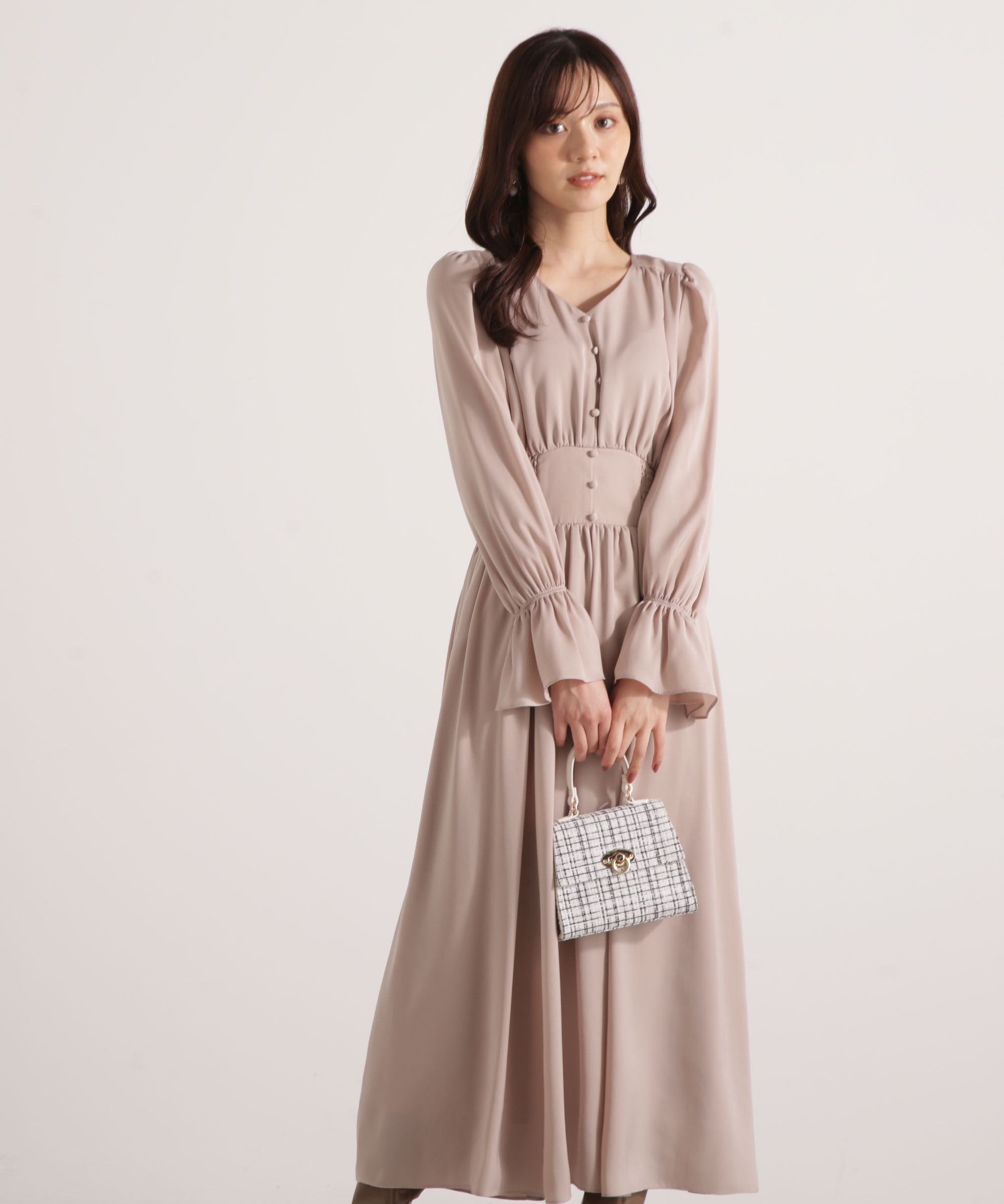 PROPORTION BODY DRESSING「クルミ釦付きギャザーワンピース 25AW」|ワンピース|