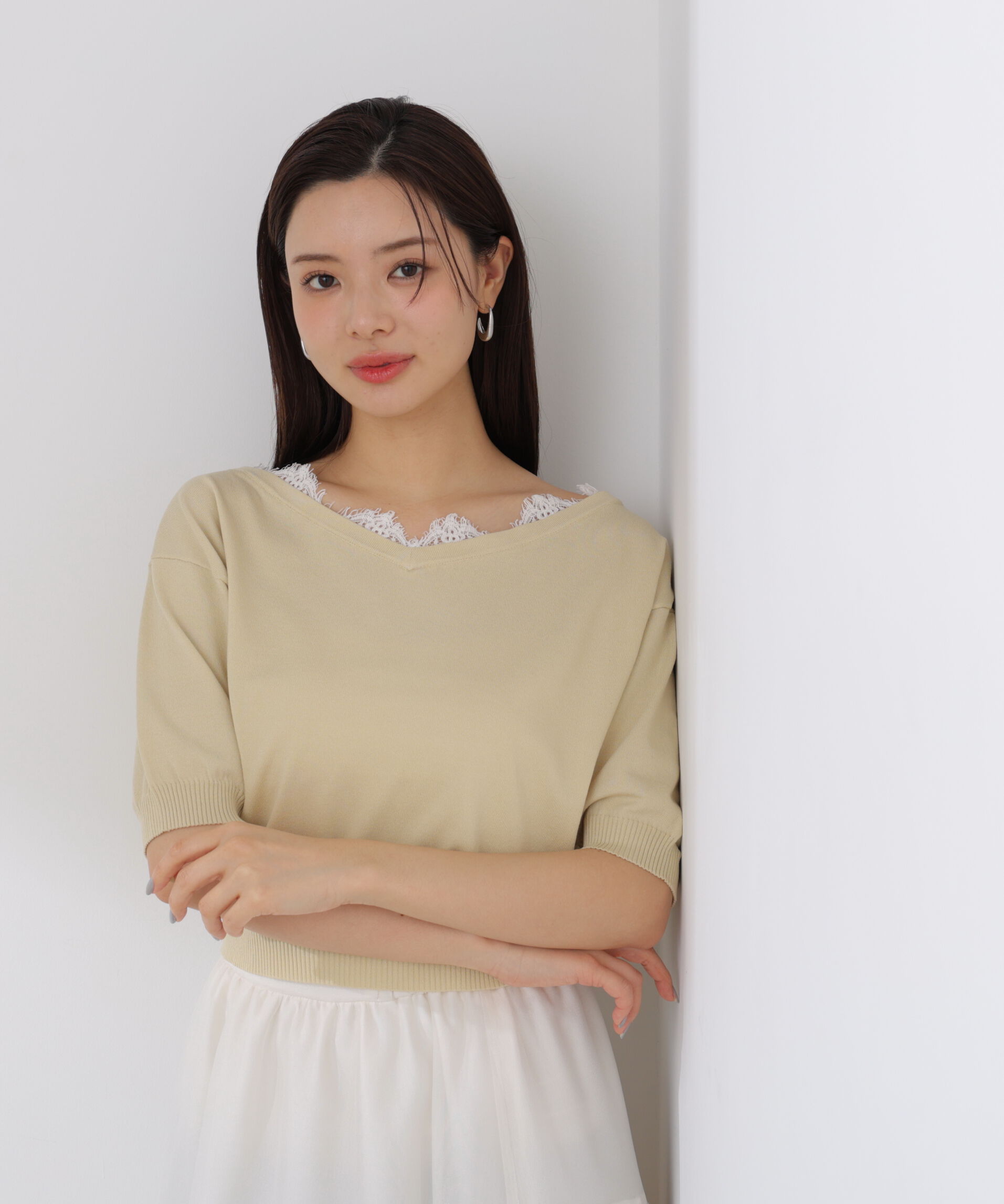 PROPORTION BODY DRESSING「レース付き短丈ニット 26SS」|ニット・セーター|