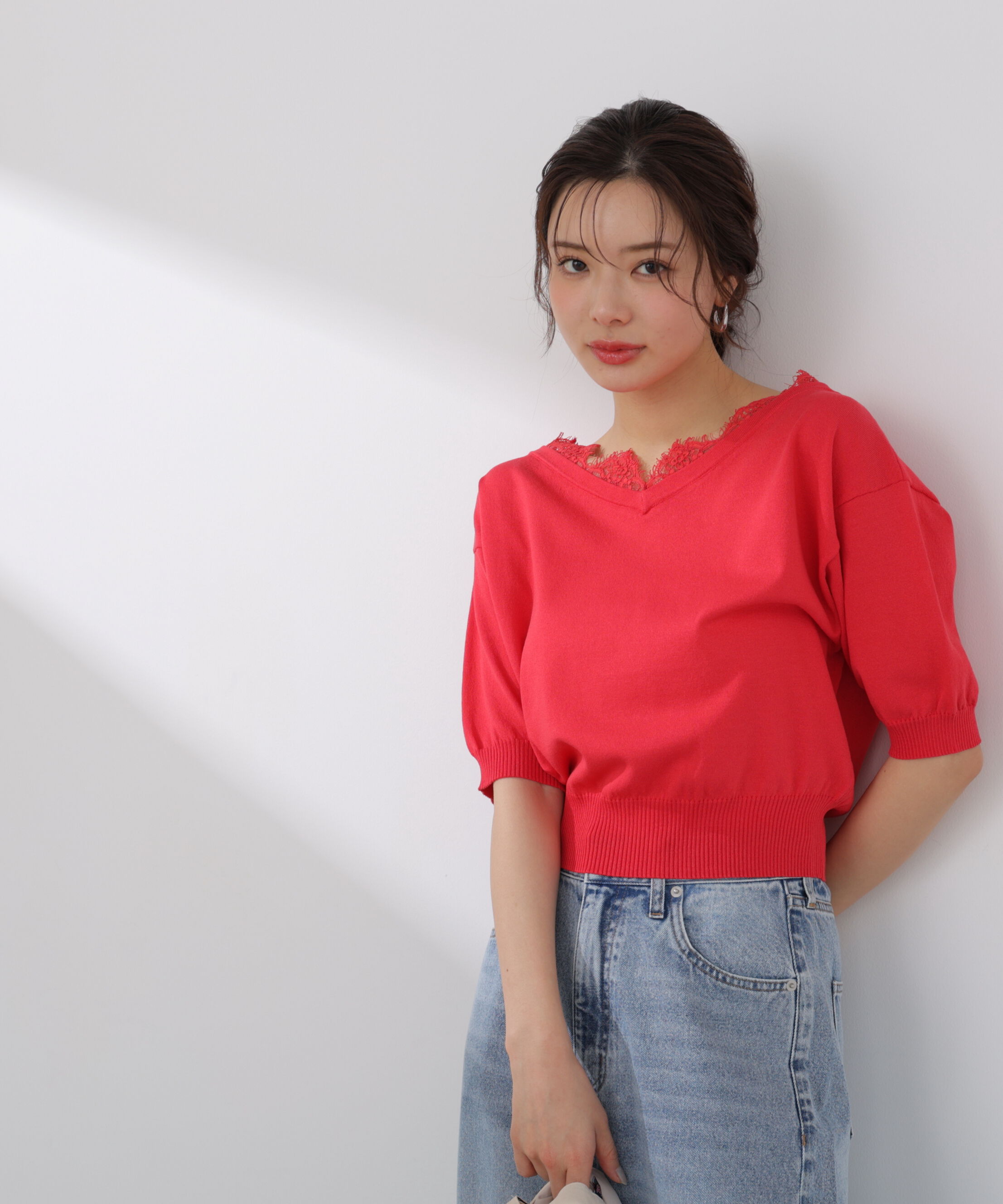 PROPORTION BODY DRESSING「レース付き短丈ニット 26SS」|ニット・セーター|ピンク