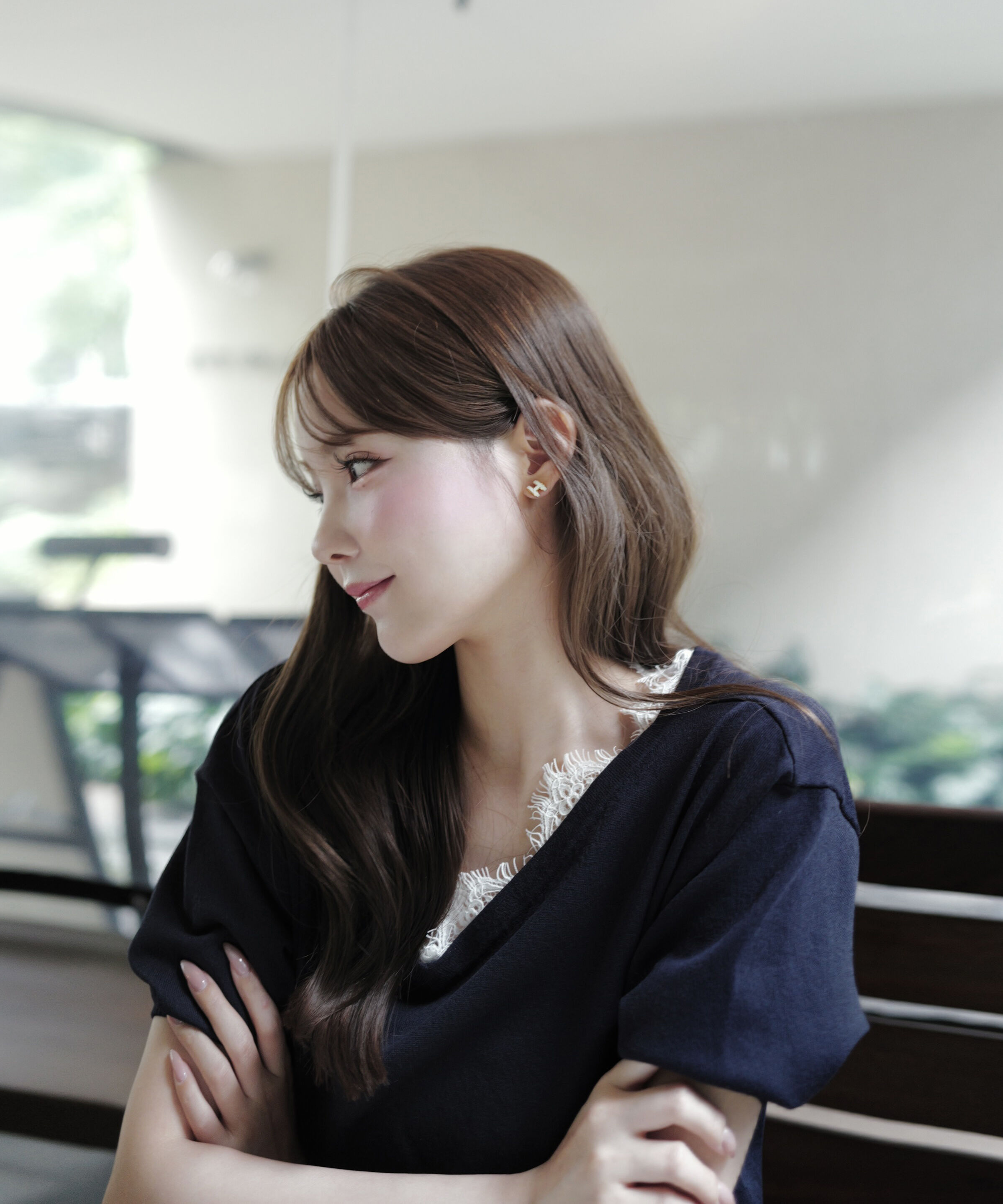 PROPORTION BODY DRESSING「レース付き短丈ニット 26SS」|ニット・セーター|ネイビー