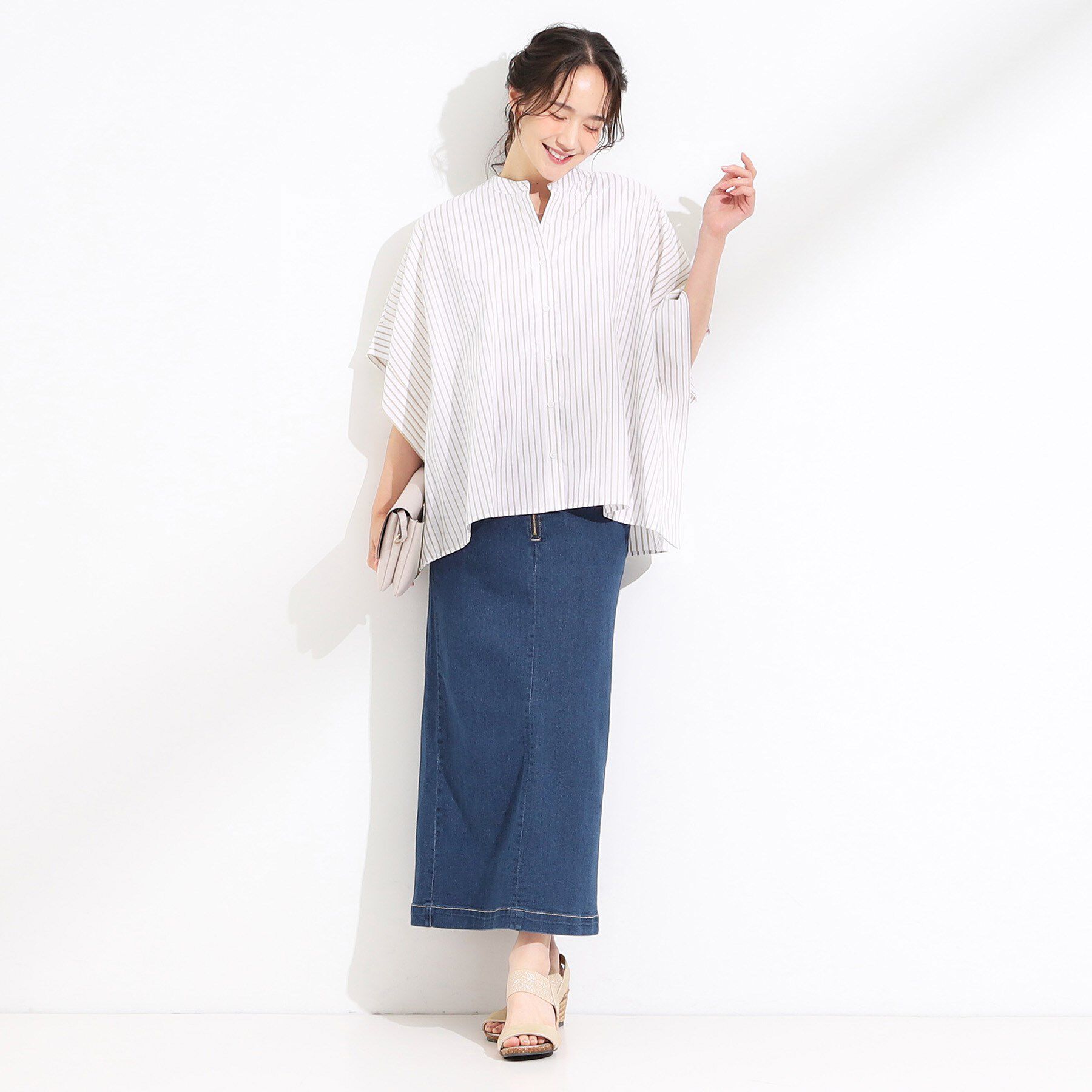 SHOO･LA･RUE「きれいめカジュアルに ラメストライプ ポンチョ風シャツ」|シャツ・ブラウス|