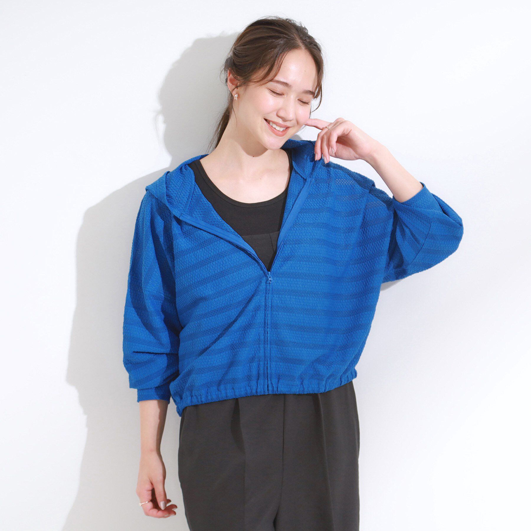 SHOO･LA･RUE「【UV/水陸両用】手の甲まで隠れる レースボーダー ラッシュガードパーカ」|カーディガン|