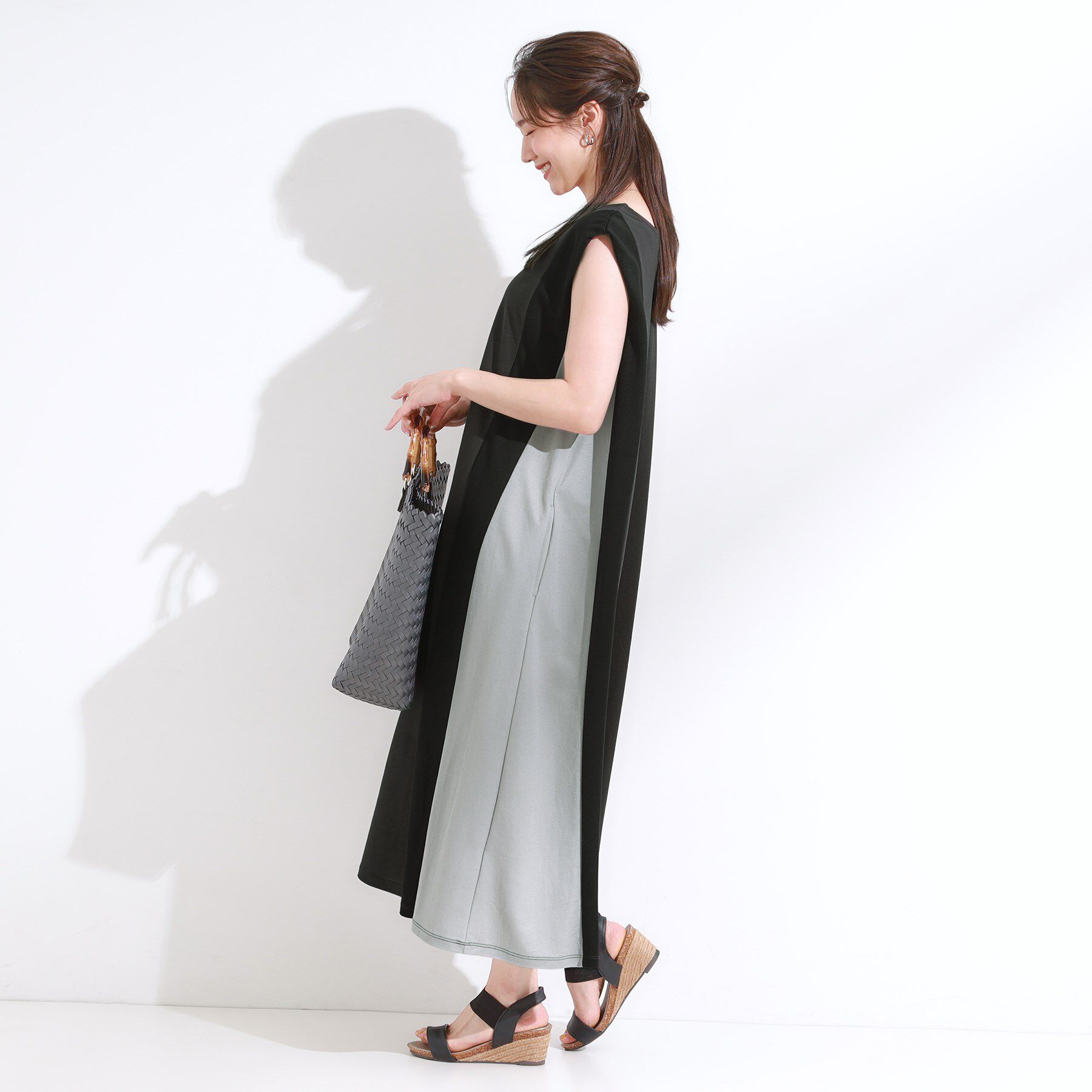 SHOO･LA･RUE「【S-LL/ひんやり】全身すっきり見えが楽に叶う サイド切替 バイカラーAラインワンピース」|ワンピース|