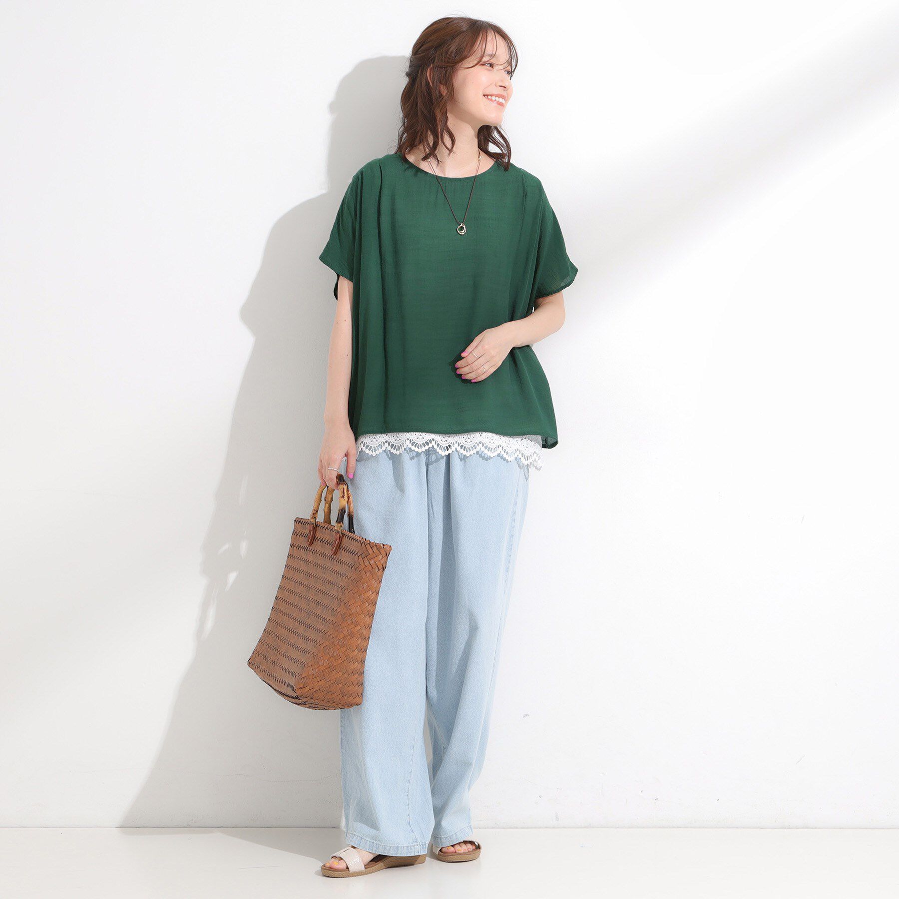 SHOO･LA･RUE「【S-LL】着るだけで簡単にコーデが決まる レースレイヤード風ドルマントップス」|Tシャツ・カットソー|
